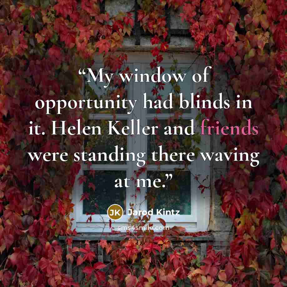 “My window of opportunity had blinds in it. Helen Keller and friends were standing there waving at me.” quote by Jarod Kintz