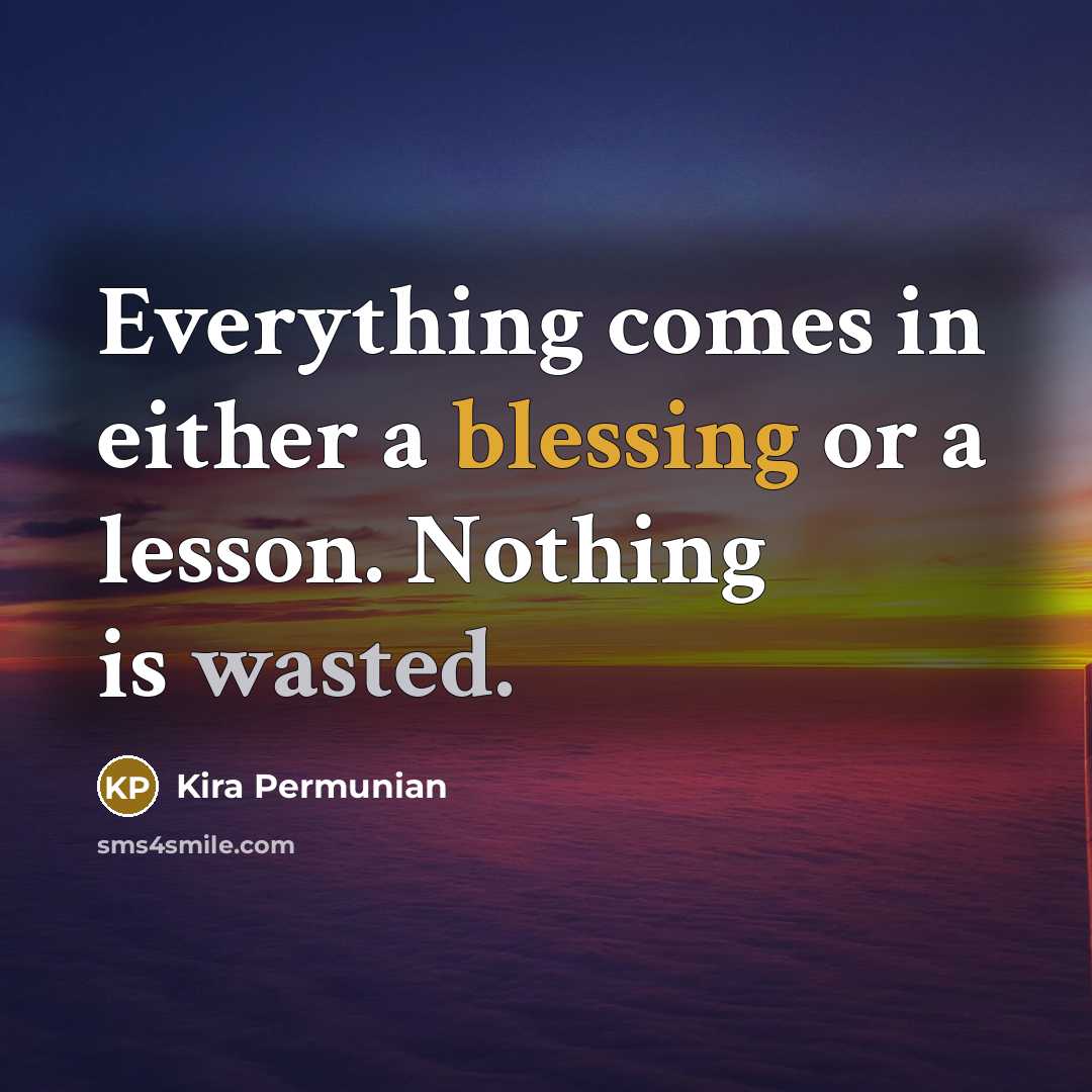 “Everything comes in either a blessing or a lesson. Nothing is wasted.” quote by Kira Permunian