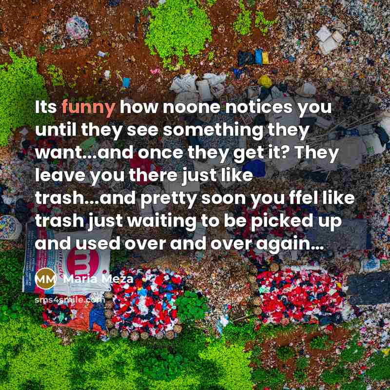 “Its funny how noone notices you until they see something they want...and once they get it? They leave you there just like trash...and pretty soon you ffel like trash just waiting to be picked up and used over and over again…” quote by Maria Meza