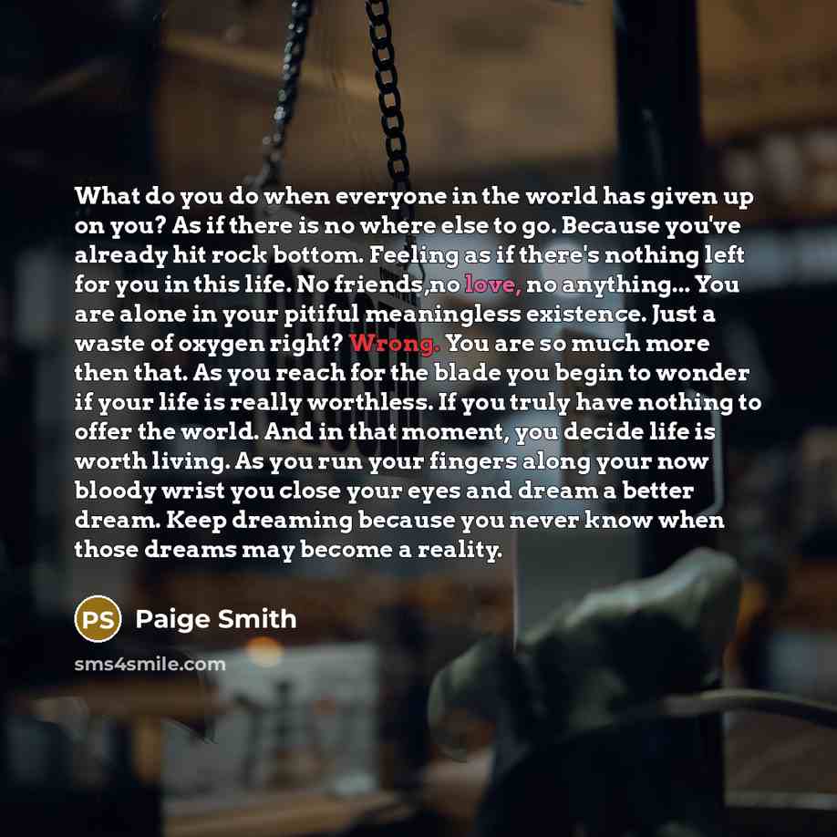 “What do you do when everyone in the world has given up on you? As if there is no where else to go. Because you've already hit rock bottom. Feeling as if there's nothing left for you in this life. No friends,no love, no anything... You are alone in your pitiful meaningless existence. Just a waste…” quote by Paige Smith