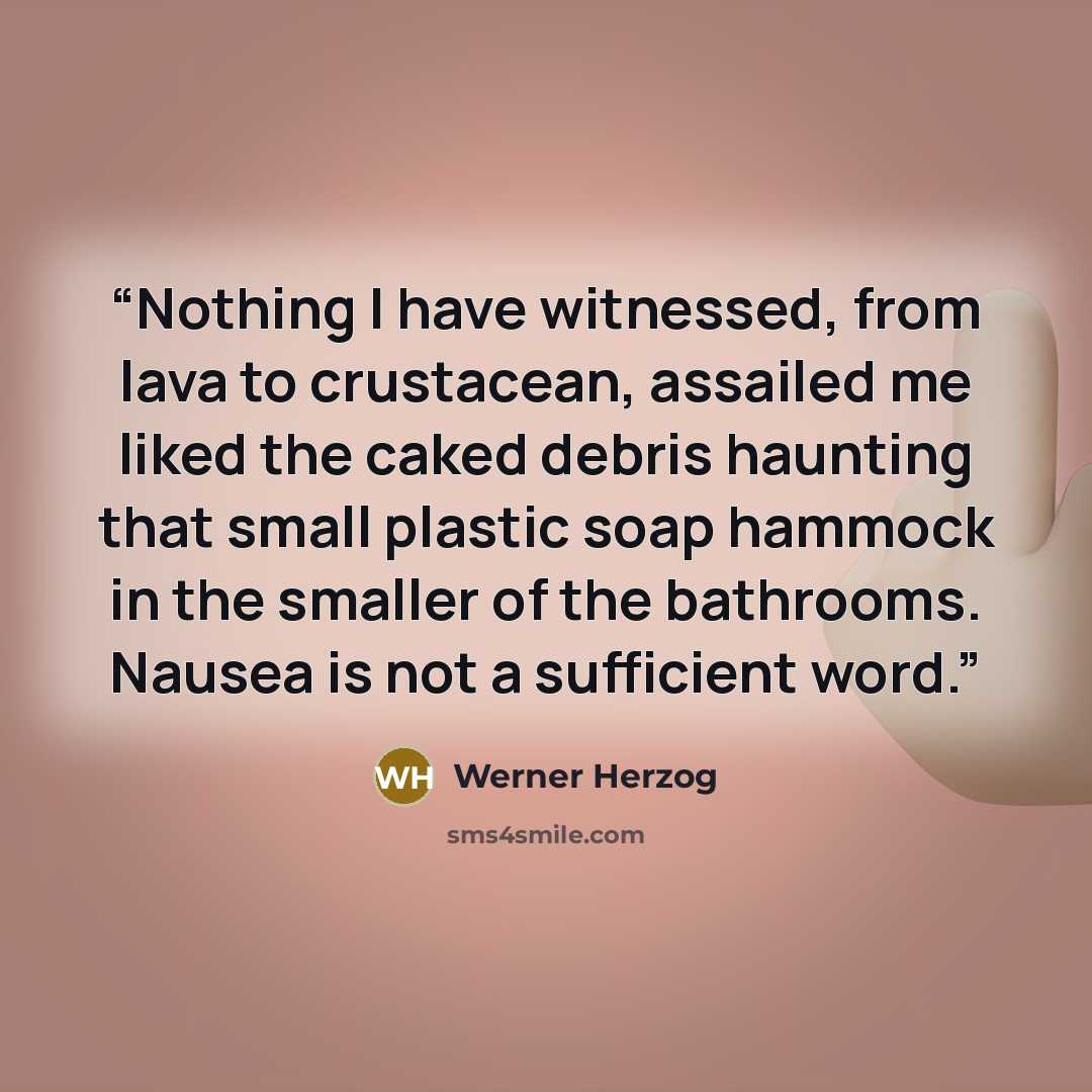 “Nothing I have witnessed, from lava to crustacean, assailed me liked the caked debris haunting that small plastic soap hammock in the smaller of the bathrooms. Nausea is not a sufficient word.” quote by Werner Herzog