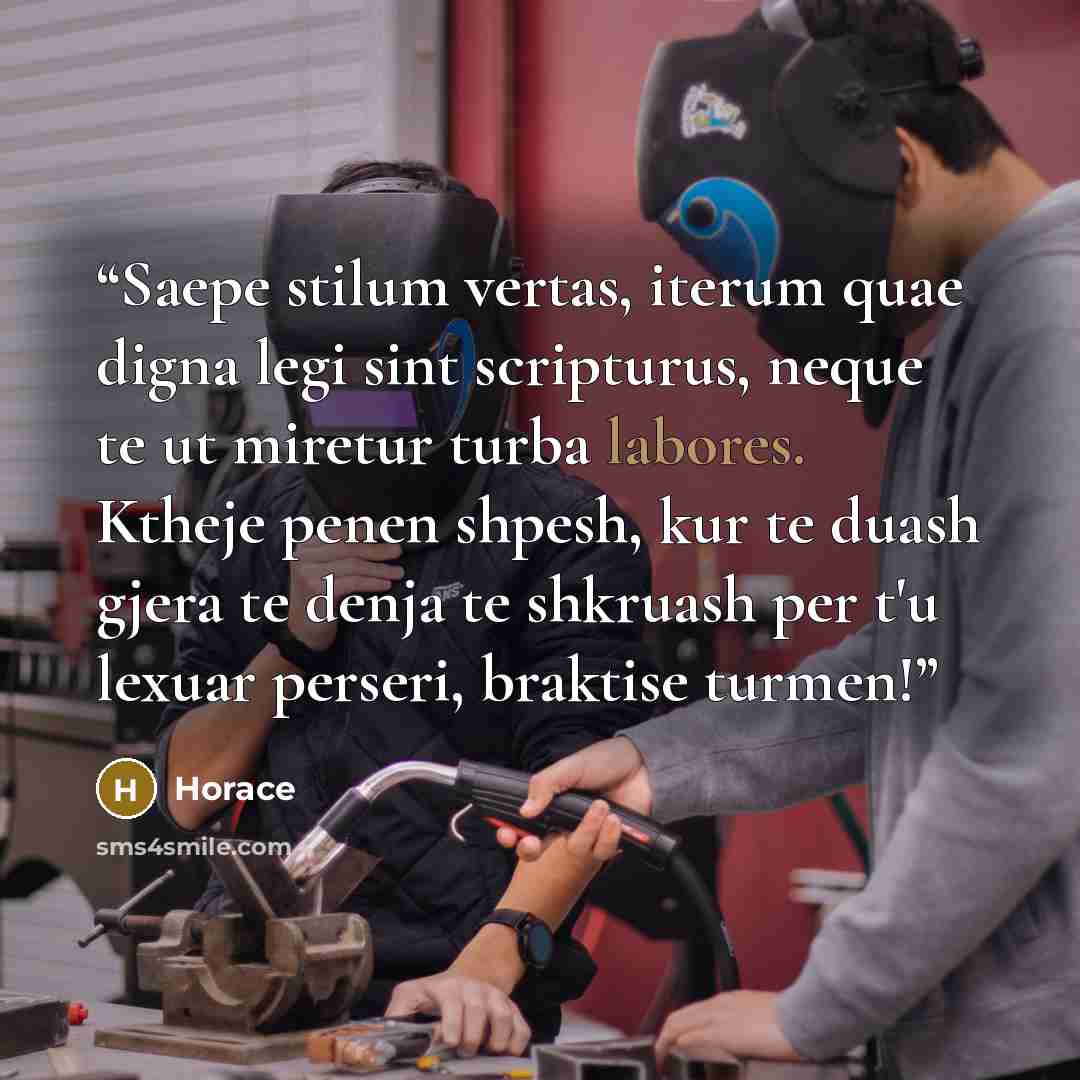 “Saepe stilum vertas, iterum quae digna legi sint scripturus, neque te ut miretur turba labores. Ktheje penen shpesh, kur te duash gjera te denja te shkruash per t'u lexuar perseri, braktise turmen!” quote by Horace