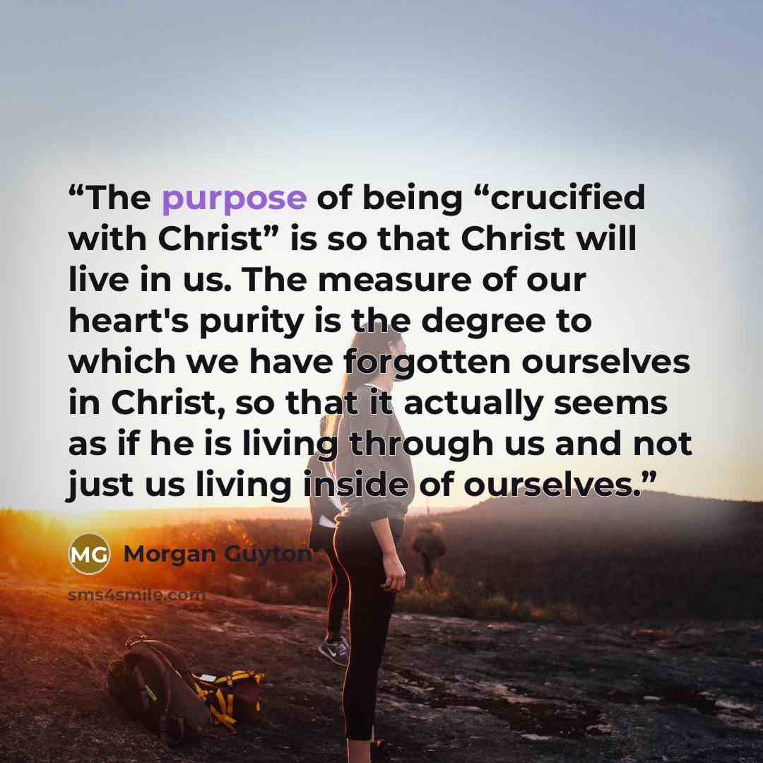 “The purpose of being “crucified with Christ” is so that Christ will live in us. The measure of our heart's purity is the degree to which we have forgotten ourselves in Christ, so that it actually seems as if he is living through us and not just us living inside of ourselves.” quote by Morgan Guyton