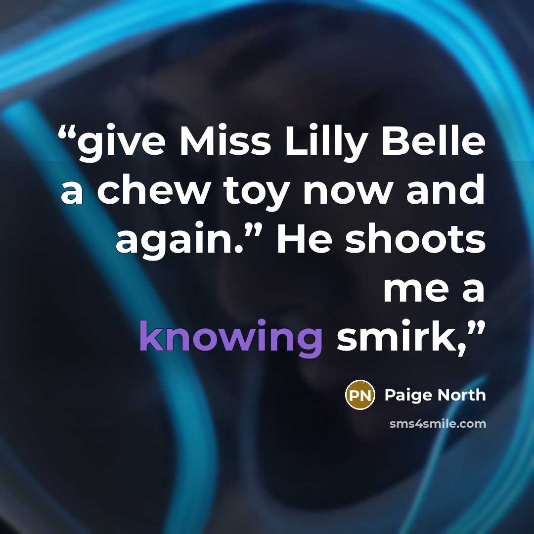 “give Miss Lilly Belle a chew toy now and again.” He shoots me a knowing smirk,” quote by Paige North