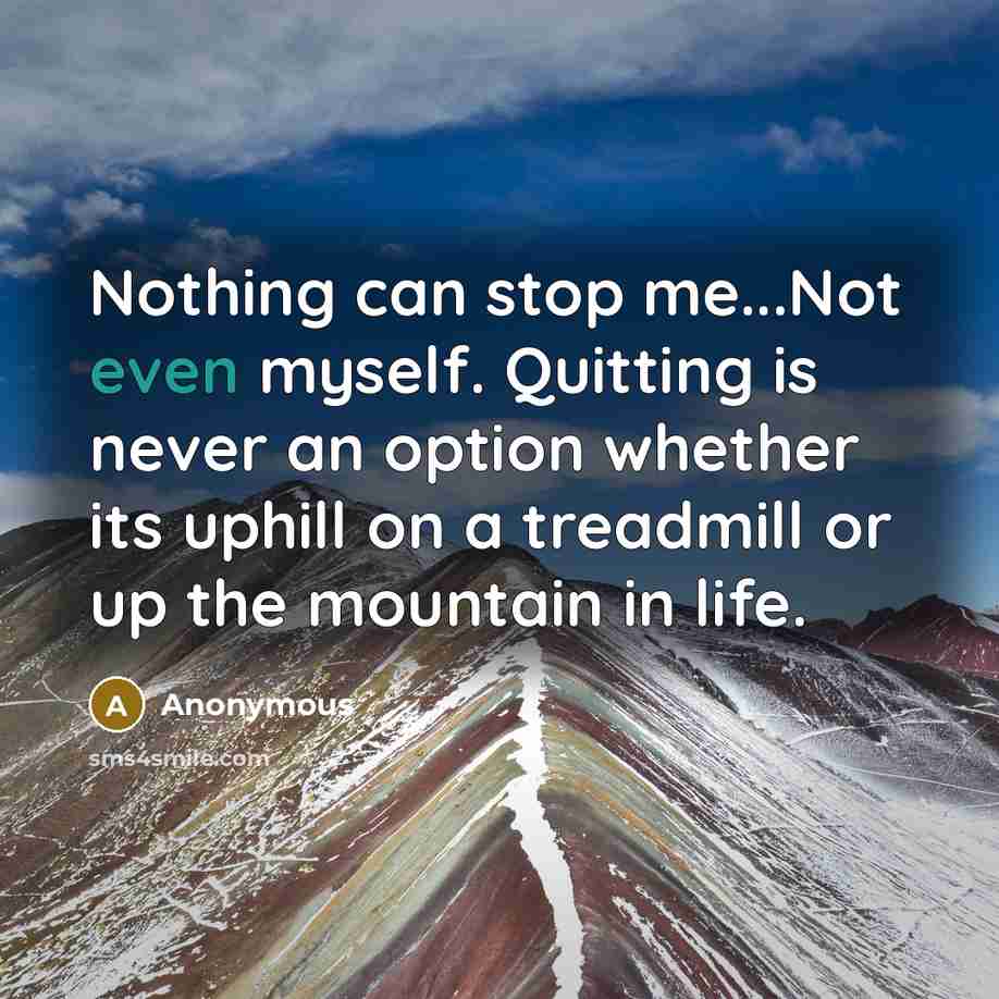 “Nothing can stop me...Not even myself. Quitting is never an option whether its uphill on a treadmill or up the mountain in life.” quote by Anonymous