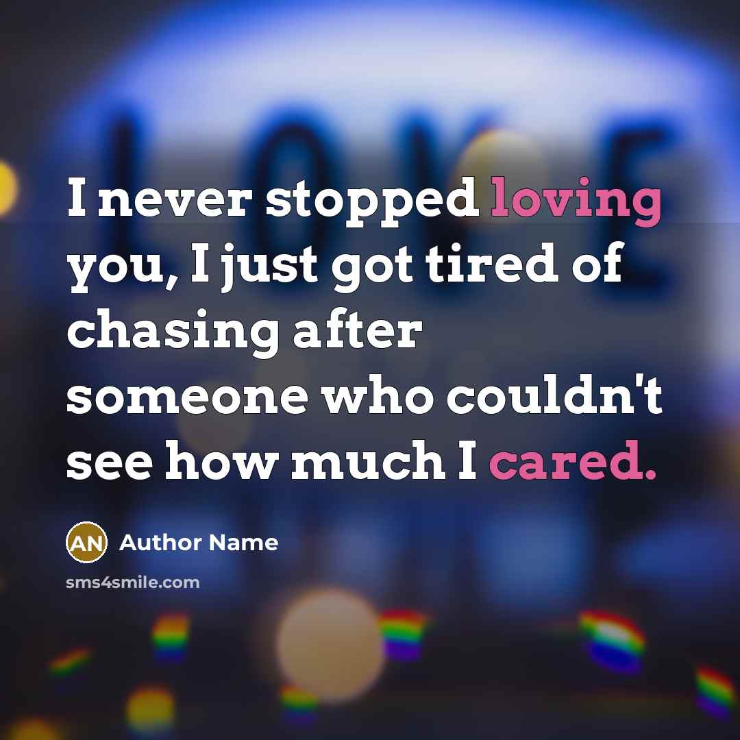 “I never stopped loving you, I just got tired of chasing after someone who couldn't see how much I cared.” quote by Author Name