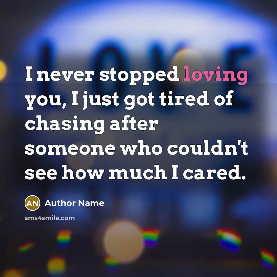 “I never stopped loving you, I just got tired of chasing after someone who couldn't see how much I cared.” quote by Author Name
