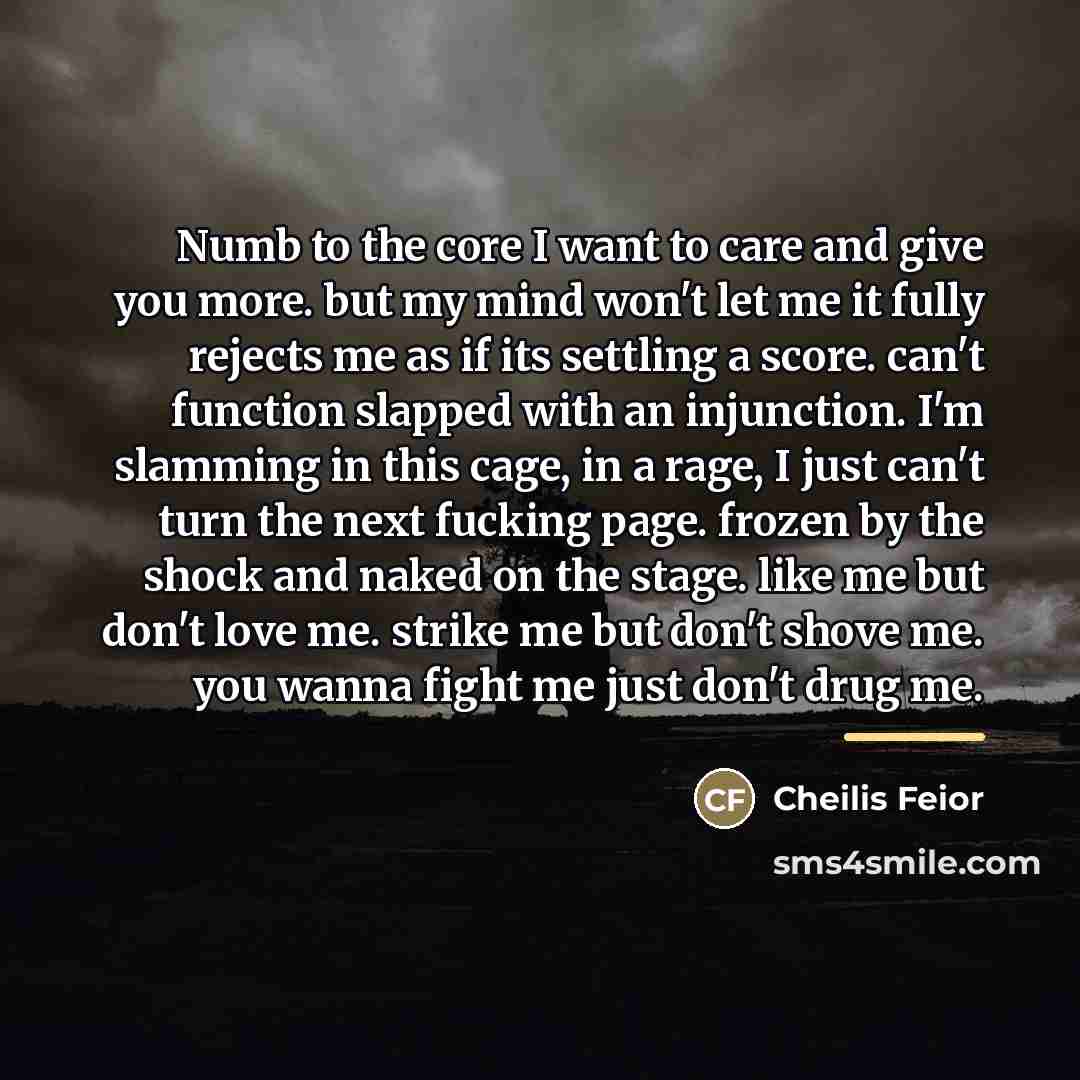 “Numb to the core I want to care and give…” quote by Cheilis Feior