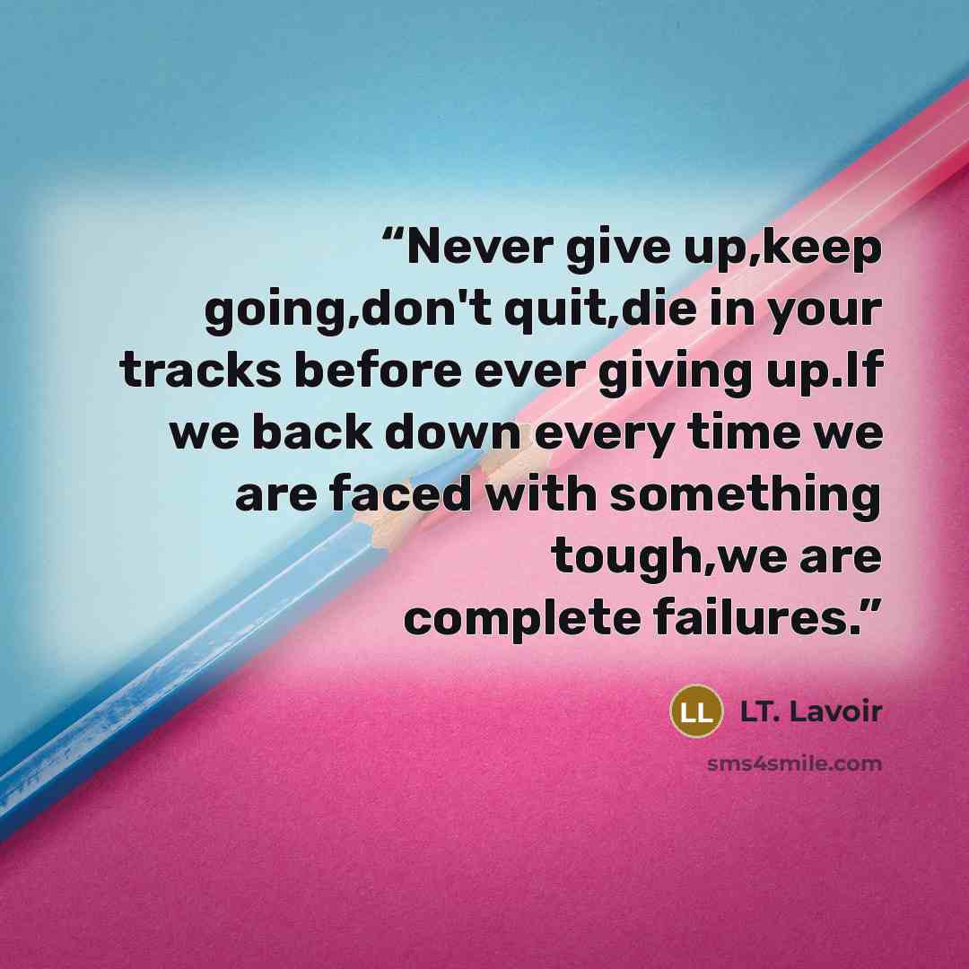 “Never give up,keep going,don't quit,die in your tracks before ever giving up.If we back down every time we are faced with something tough,we are complete failures.” quote by LT. Lavoir