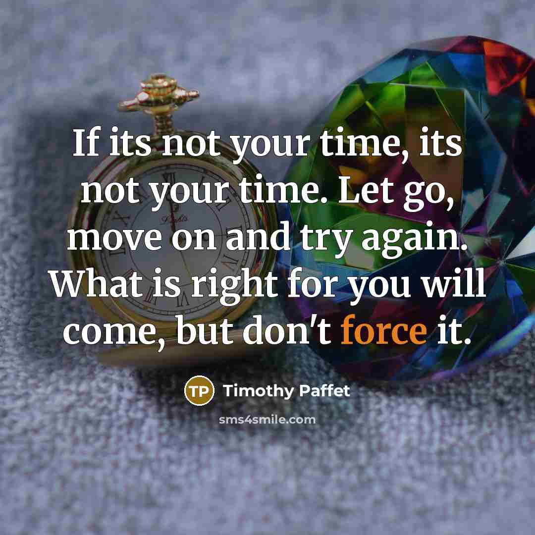 “If its not your time, its not your time. Let go, move on and try again. What is right for you will come, but don't force it.” quote by Timothy Paffet