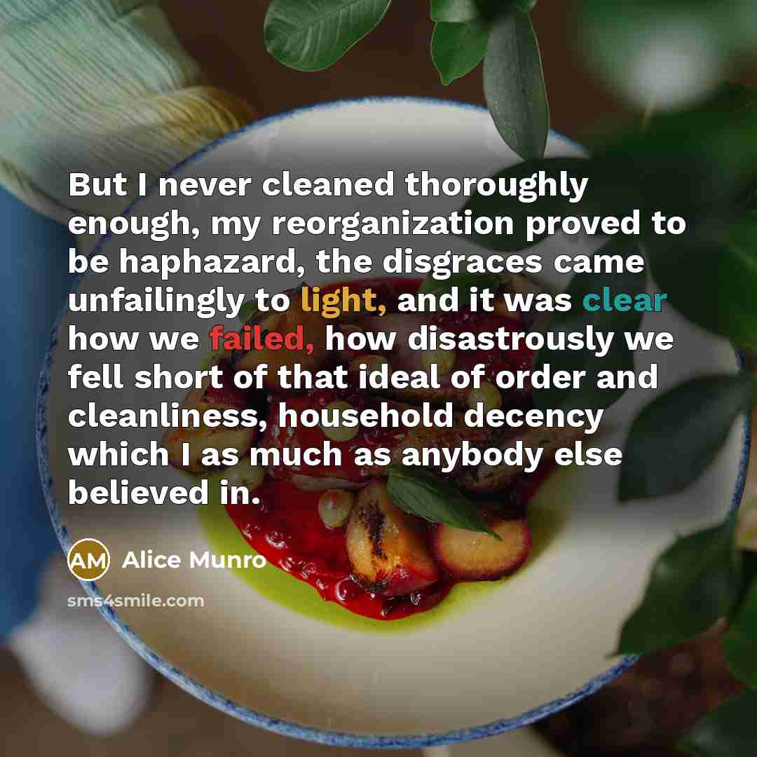 “But I never cleaned thoroughly enough, my reorganization proved to…” quote by Alice Munro