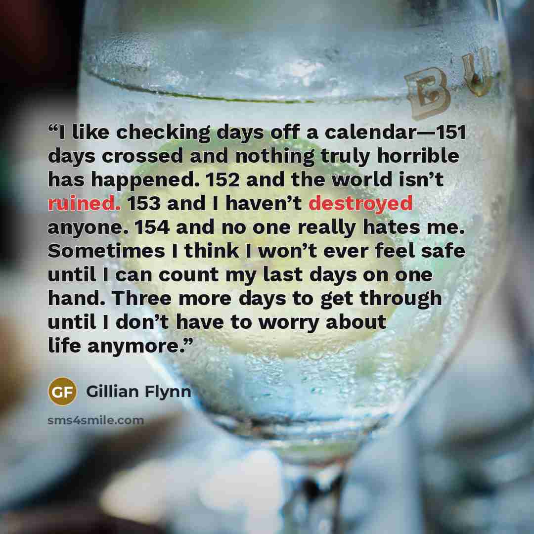 “I like checking days off a calendar—151 days crossed and nothing truly horrible has happened. 152 and the world isn’t ruined. 153 and I haven’t destroyed anyone. 154 and no one really hates me. Sometimes I think I won’t ever feel safe until I can count my last days on one hand. Three more days to…” quote by Gillian Flynn