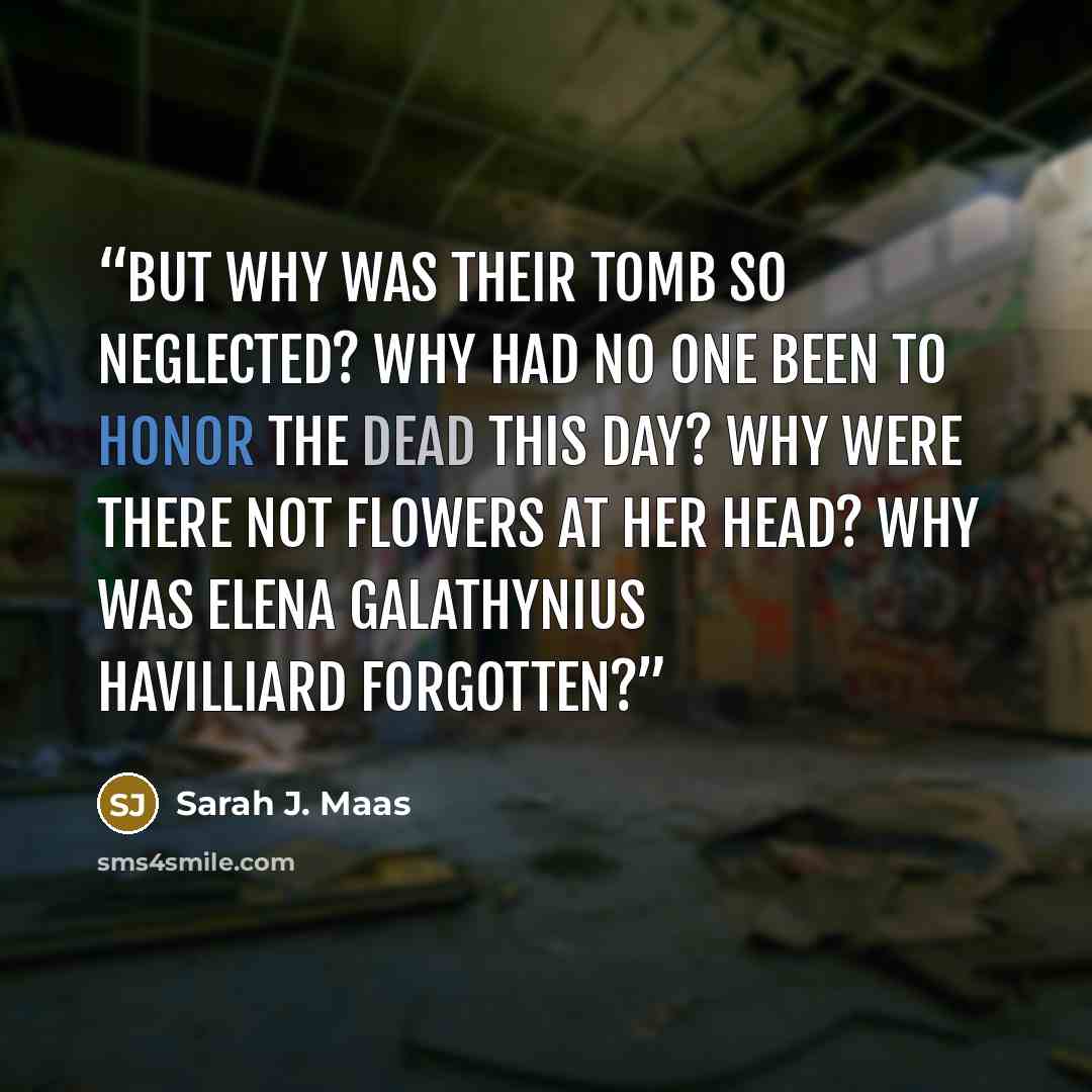 “But why was their tomb so neglected? Why had no one been to honor the dead this day? Why were there not flowers at her head? Why was Elena Galathynius Havilliard forgotten?” quote by Sarah J. Maas