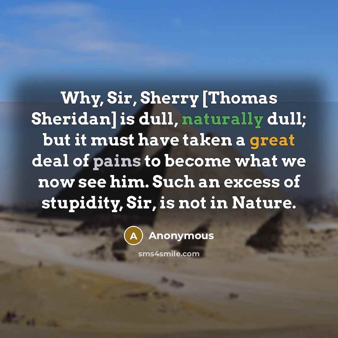 “Why, Sir, Sherry [Thomas Sheridan] is dull, naturally dull; but it must have taken a great deal of pains to become what we now see him. Such an excess of stupidity, Sir, is not in Nature.” quote by Anonymous
