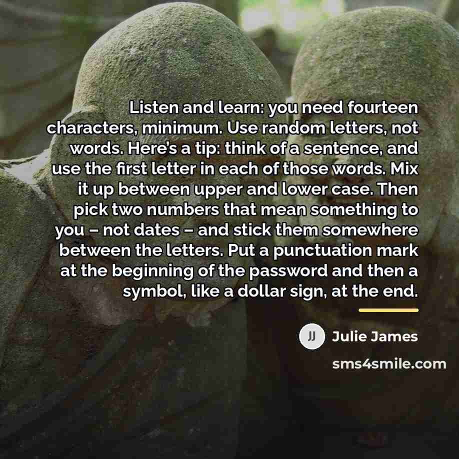 “Listen and learn: you need fourteen characters, minimum. Use random…” quote by Julie James