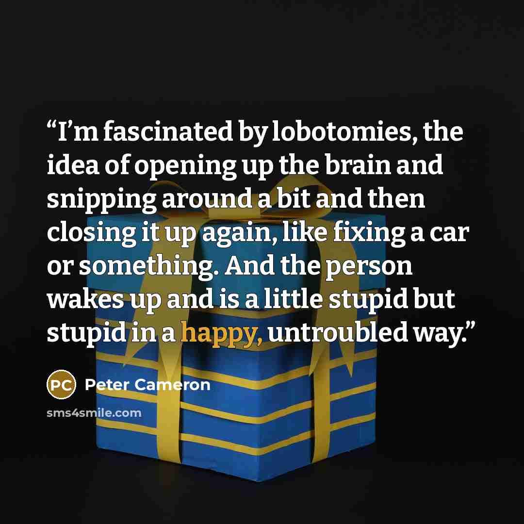 “I’m fascinated by lobotomies, the idea of opening up the brain and snipping around a bit and then closing it up again, like fixing a car or something. And the person wakes up and is a little stupid but stupid in a happy, untroubled way.” quote by Peter Cameron