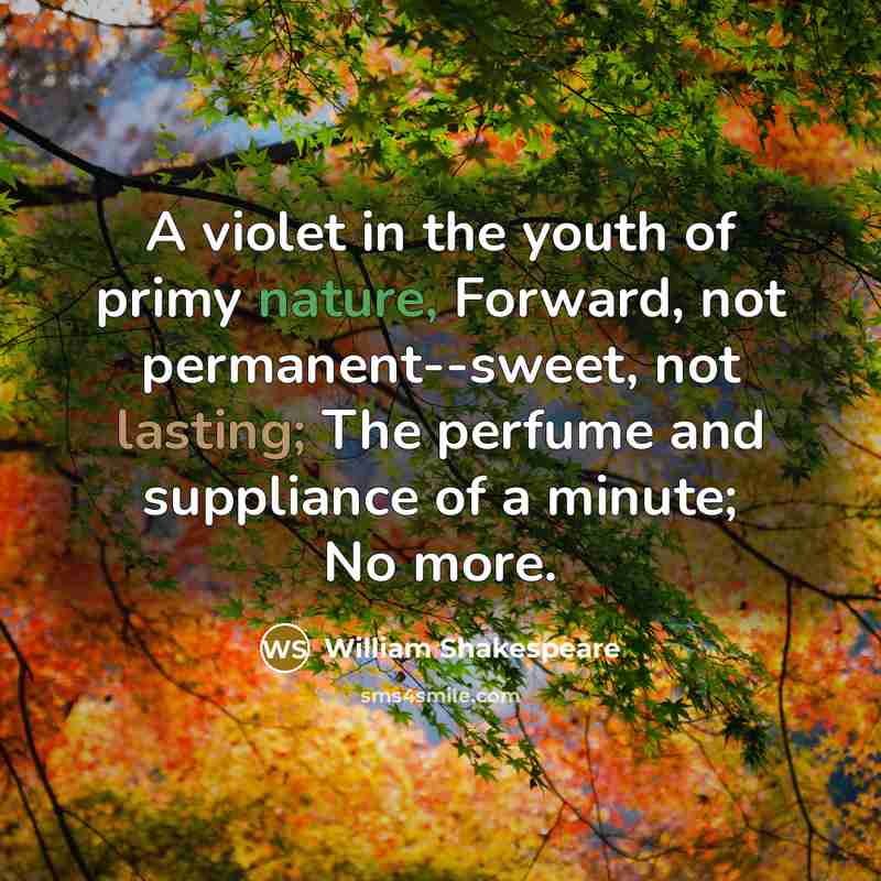 “A violet in the youth of primy nature, Forward, not permanent--sweet, not lasting; The perfume and suppliance of a minute; No more.” quote by William Shakespeare