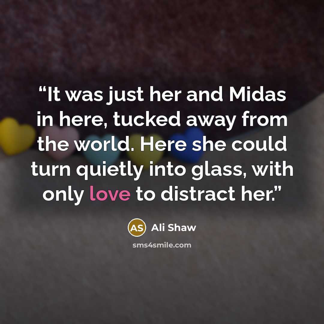“It was just her and Midas in here, tucked away from the world. Here she could turn quietly into glass, with only love to distract her.” quote by Ali Shaw