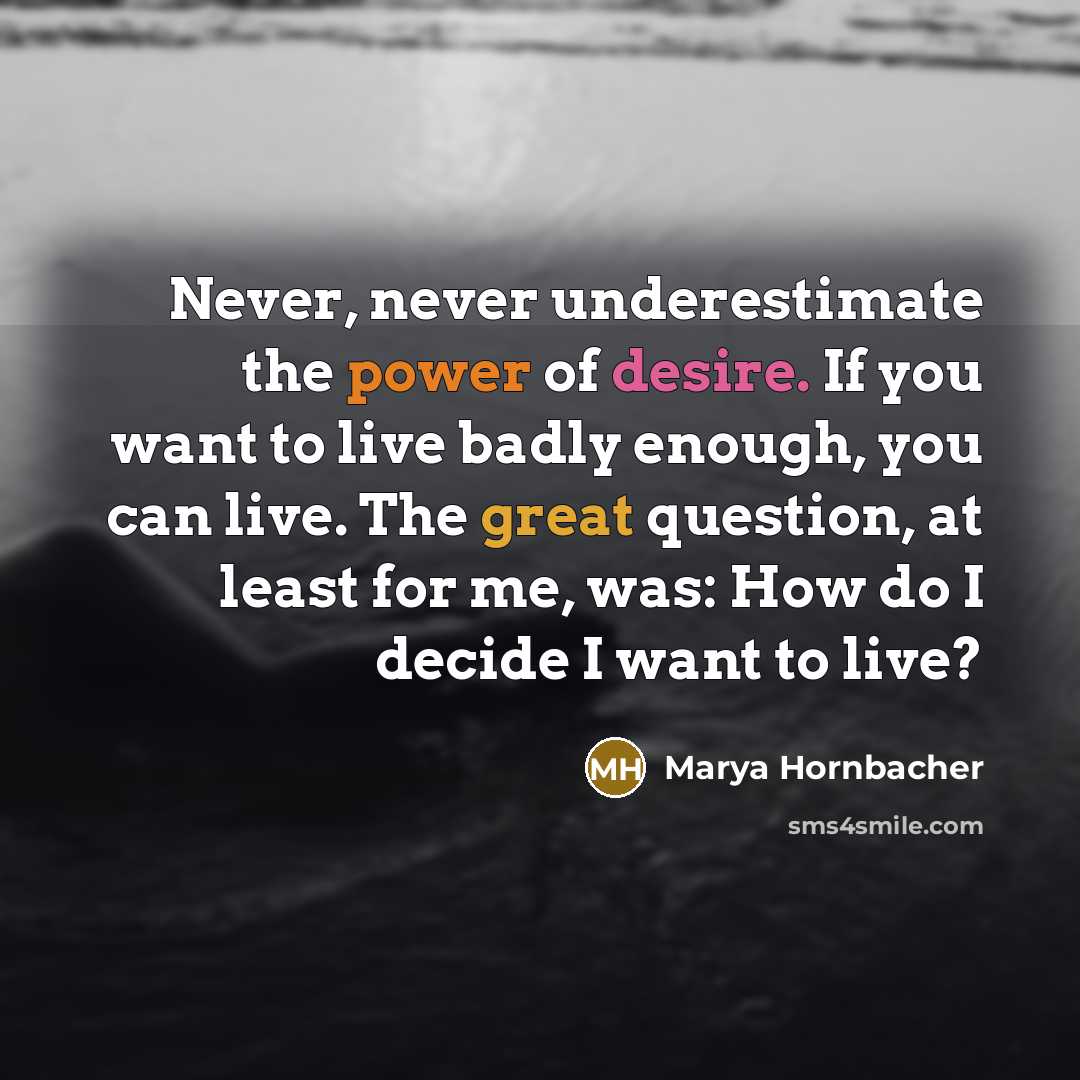 “Never, never underestimate the power of desire. If you want to live badly enough, you can live. The great question, at least for me, was: How do I decide I want to live?” quote by Marya Hornbacher