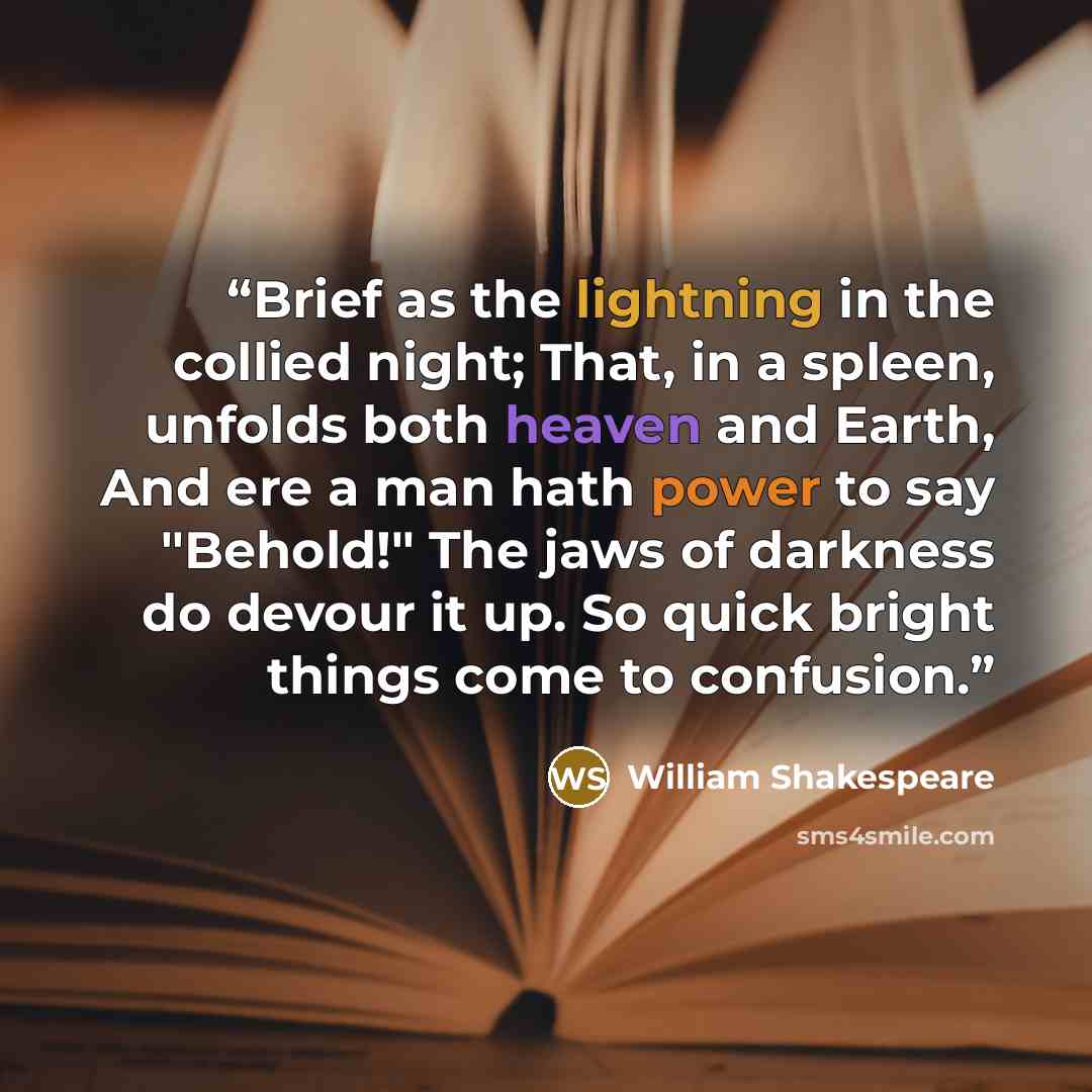 “Brief as the lightning in the collied night; That, in a spleen, unfolds both heaven and Earth, And ere a man hath power to say "Behold!" The jaws of darkness do devour it up. So quick bright things come to confusion.” quote by William Shakespeare