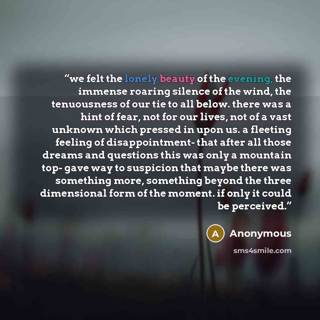 “we felt the lonely beauty of the evening, the immense roaring silence of the wind, the tenuousness of our tie to all below. there was a hint of fear, not for our lives, not of a vast unknown which pressed in upon us. a fleeting feeling of disappointment- that after all those dreams and questions…” quote by Anonymous