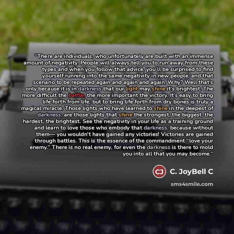 “There are individuals, who unfortunately are built with an immense amount of negativity. People will always tell you to run away from these types and when you follow that advice, you’ll be surprised to find yourself running into the same negativity in new people, and that scenario to be repeated…” quote by C. JoyBell C