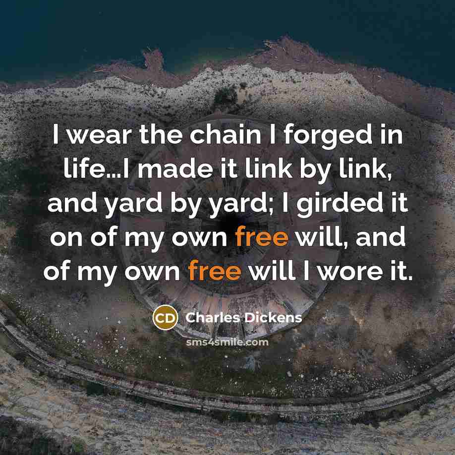 “I wear the chain I forged in life…I made it link by link, and yard by yard; I girded it on of my own free will, and of my own free will I wore it.” quote by Charles Dickens