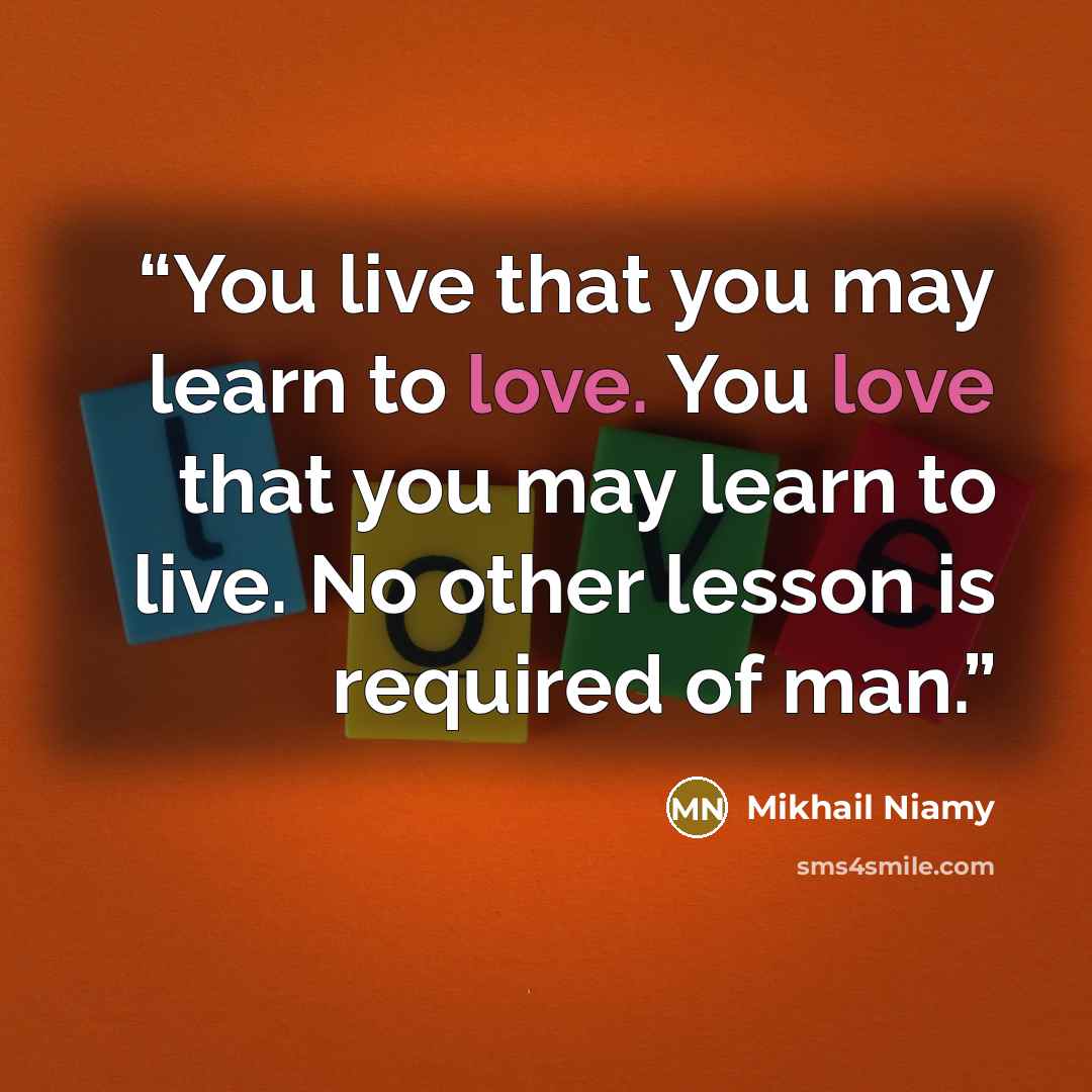 “You live that you may learn to love. You love that you may learn to live. No other lesson is required of man.” quote by Mikhail Niamy