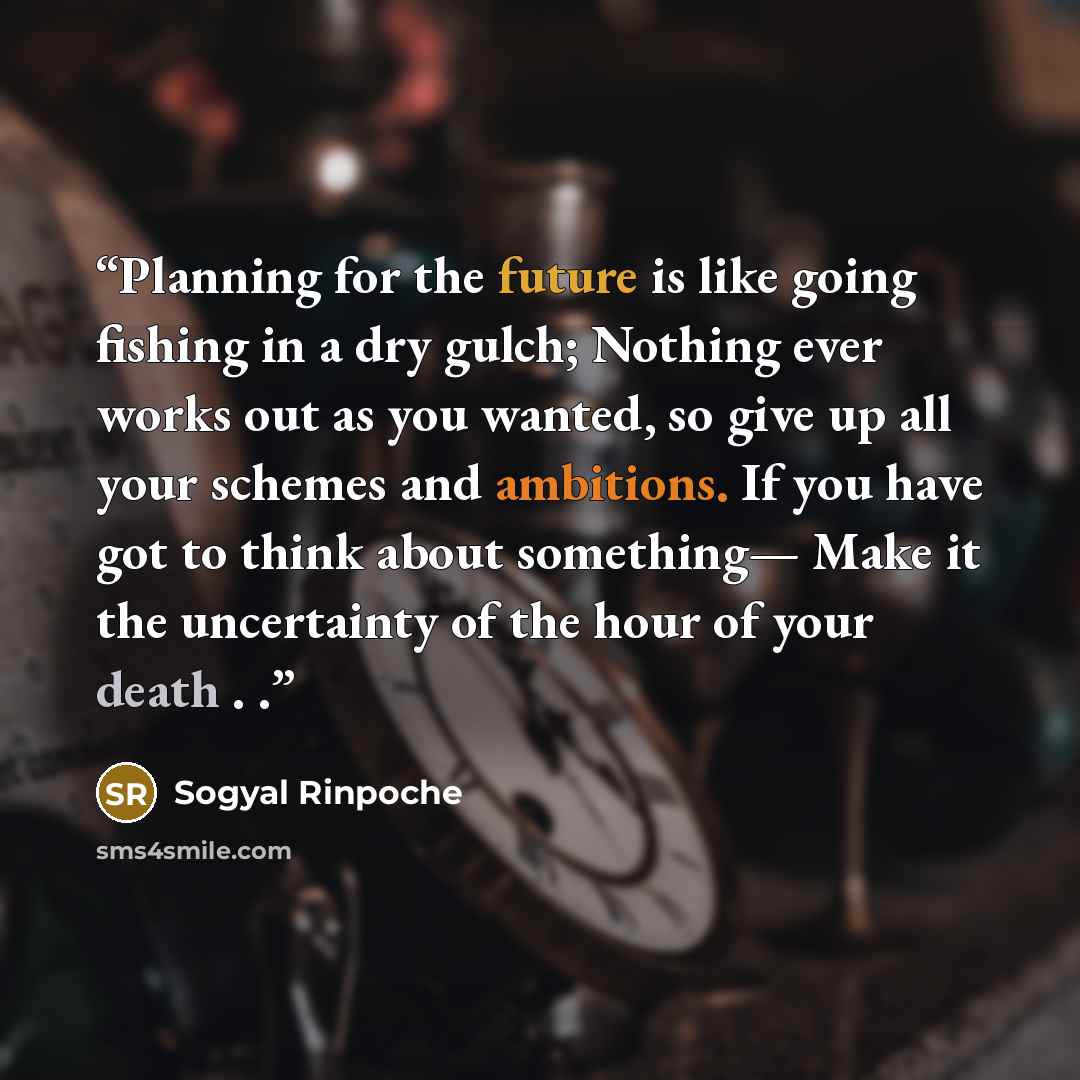 “Planning for the future is like going fishing in a dry gulch; Nothing ever works out as you wanted, so give up all your schemes and ambitions. If you have got to think about something— Make it the uncertainty of the hour of your death . .” quote by Sogyal Rinpoche