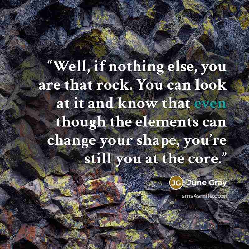 “Well, if nothing else, you are that rock. You can look at it and know that even though the elements can change your shape, you’re still you at the core.” quote by June Gray