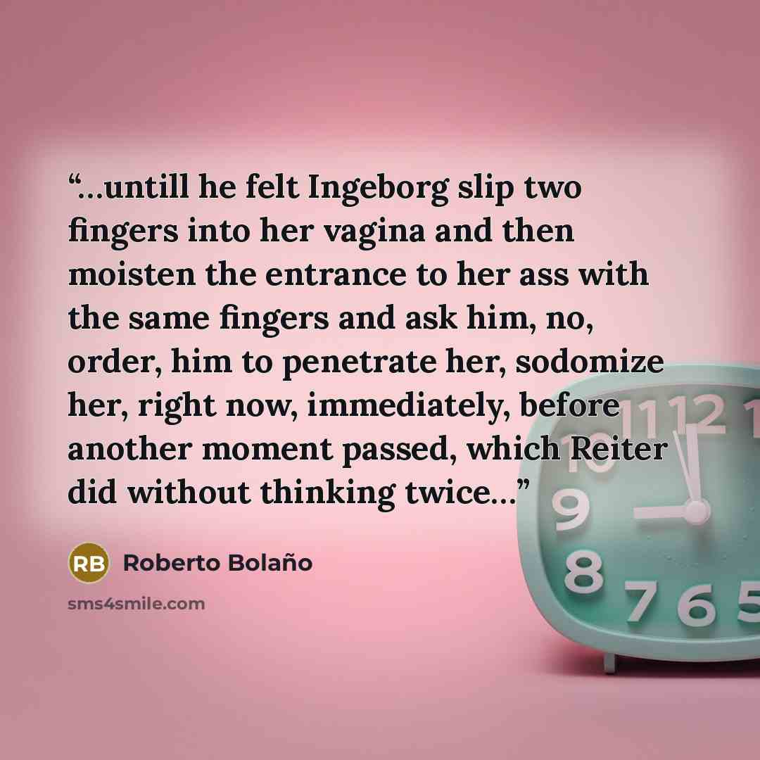 “…untill he felt Ingeborg slip two fingers into her vagina and then moisten the entrance to her ass with the same fingers and ask him, no, order, him to penetrate her, sodomize her, right now, immediately, before another moment passed, which Reiter did without thinking twice…” quote by Roberto Bolaño