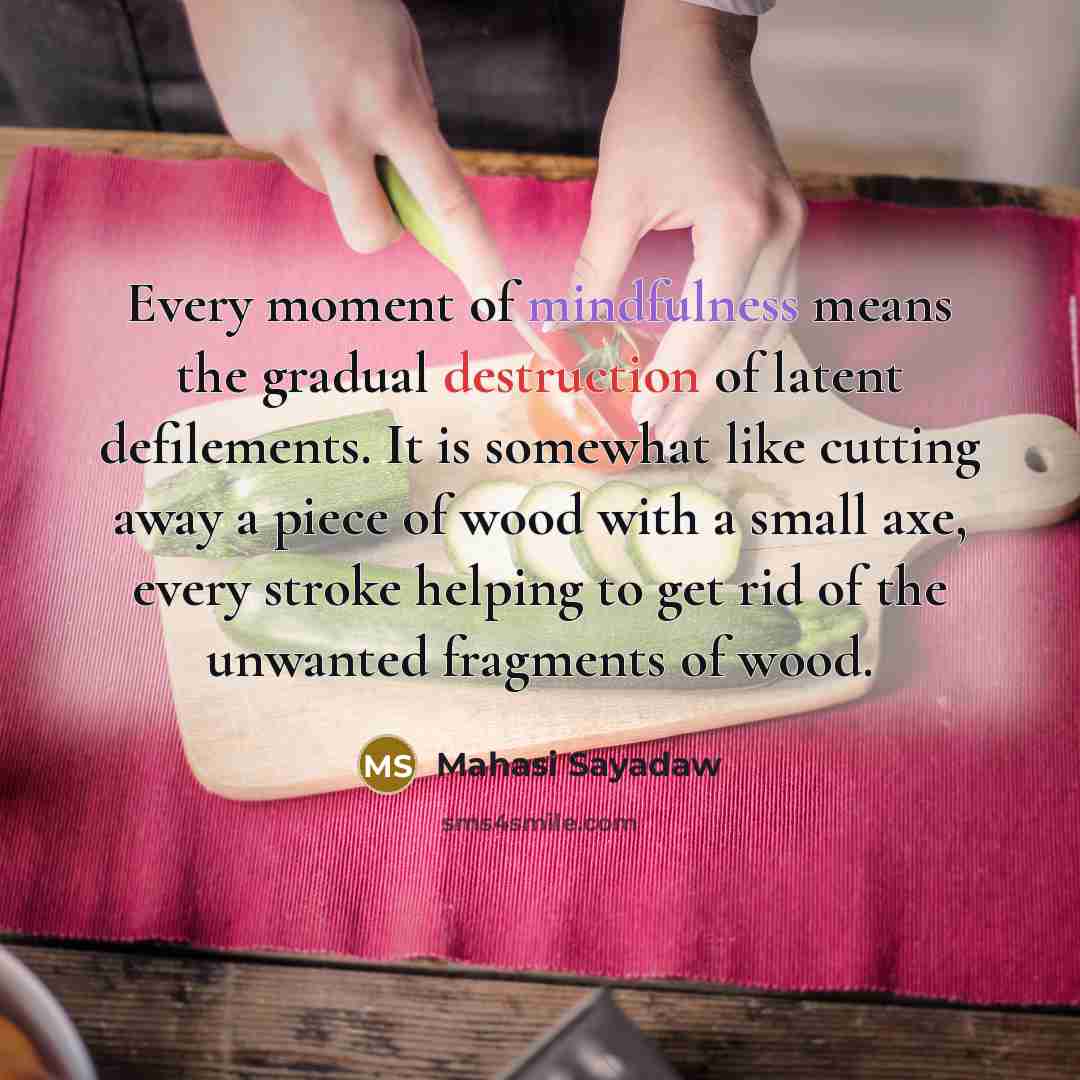 “Every moment of mindfulness means the gradual destruction of latent…” quote by Mahasi Sayadaw