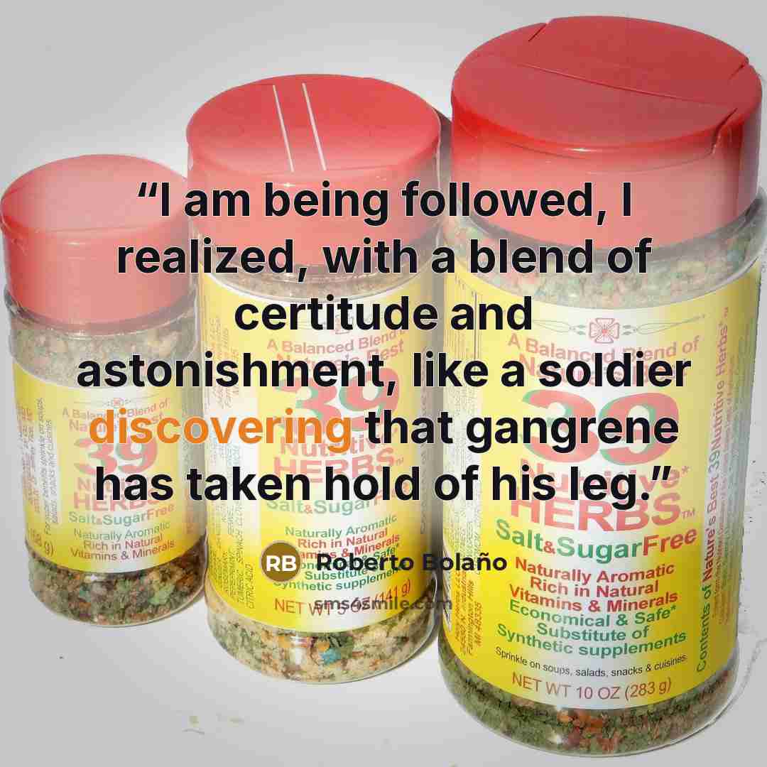 “I am being followed, I realized, with a blend of certitude and astonishment, like a soldier discovering that gangrene has taken hold of his leg.” quote by Roberto Bolaño