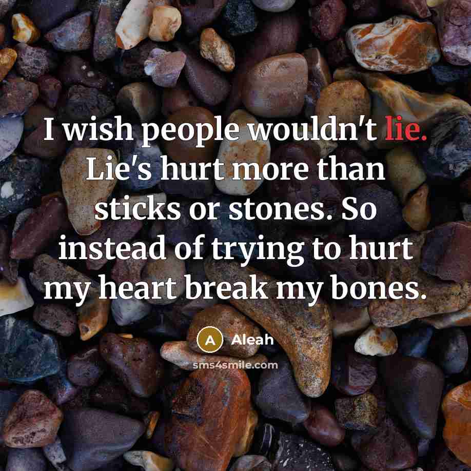 “I wish people wouldn't lie. Lie's hurt more than sticks…” quote by Aleah