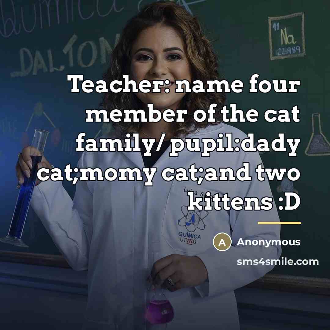 “Teacher: name four member of the cat family/ pupil:dady cat;momy…” quote by Anonymous