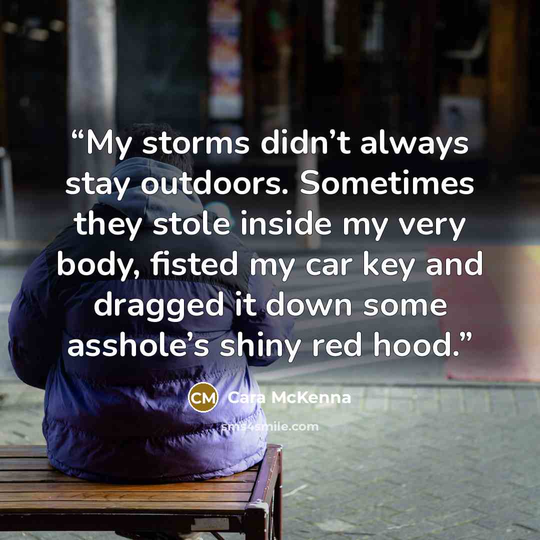 “My storms didn’t always stay outdoors. Sometimes they stole inside my very body, fisted my car key and dragged it down some asshole’s shiny red hood.” quote by Cara McKenna