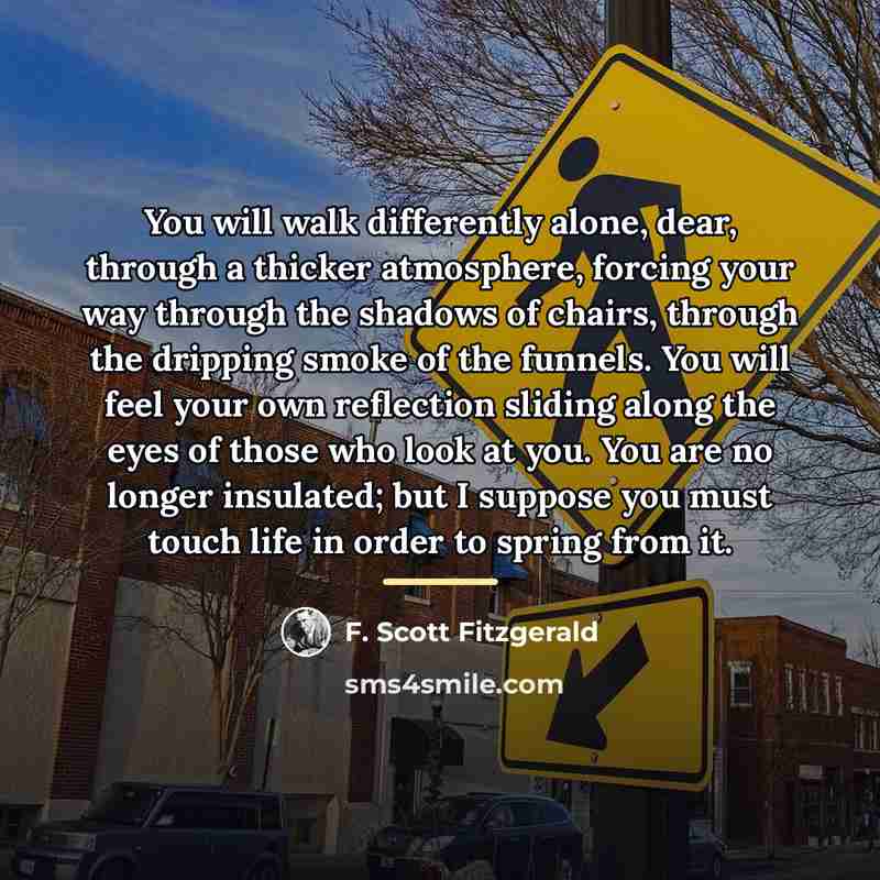 “You will walk differently alone, dear, through a thicker atmosphere,…” quote by F. Scott Fitzgerald