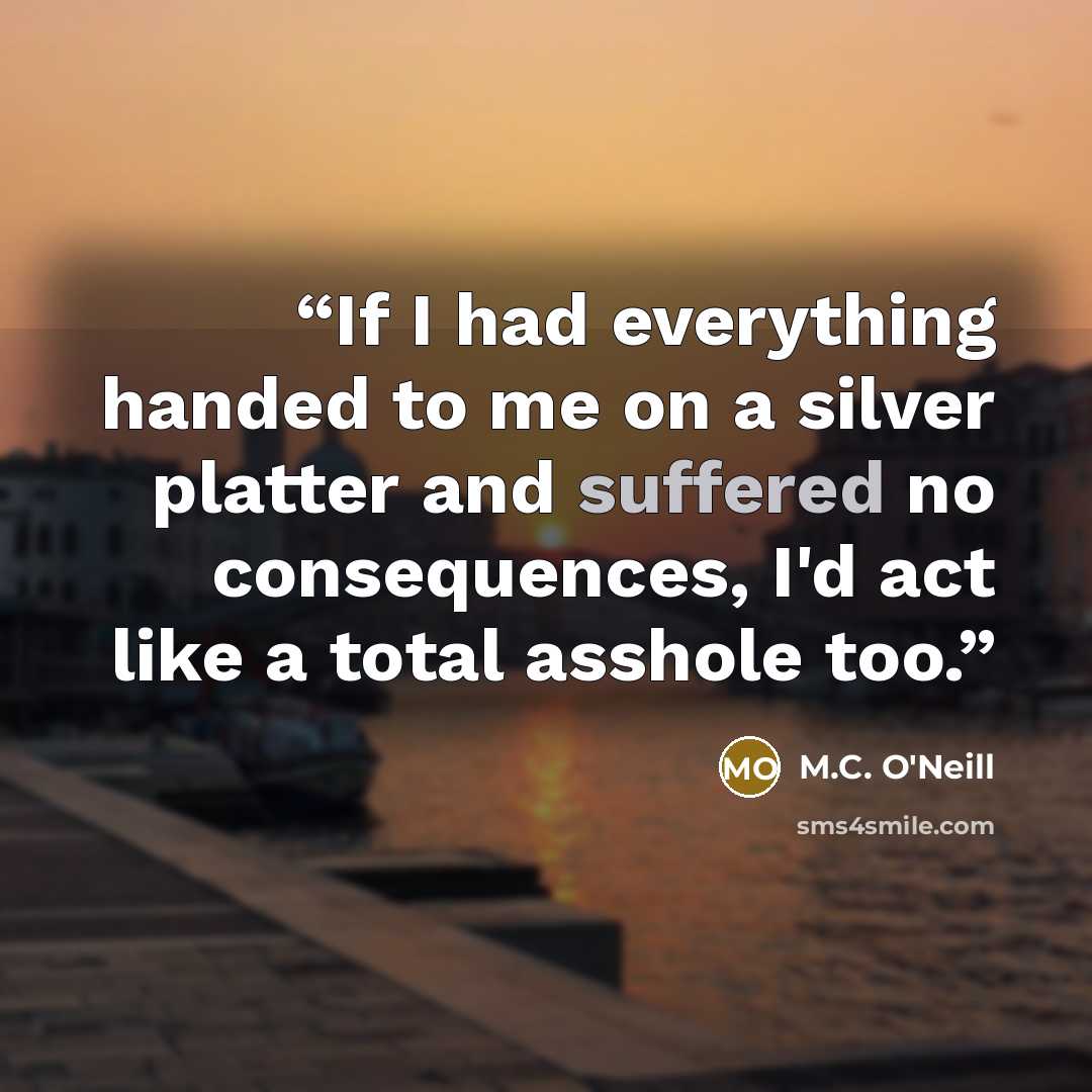 “If I had everything handed to me on a silver platter and suffered no consequences, I'd act like a total asshole too.” quote by M.C. O'Neill