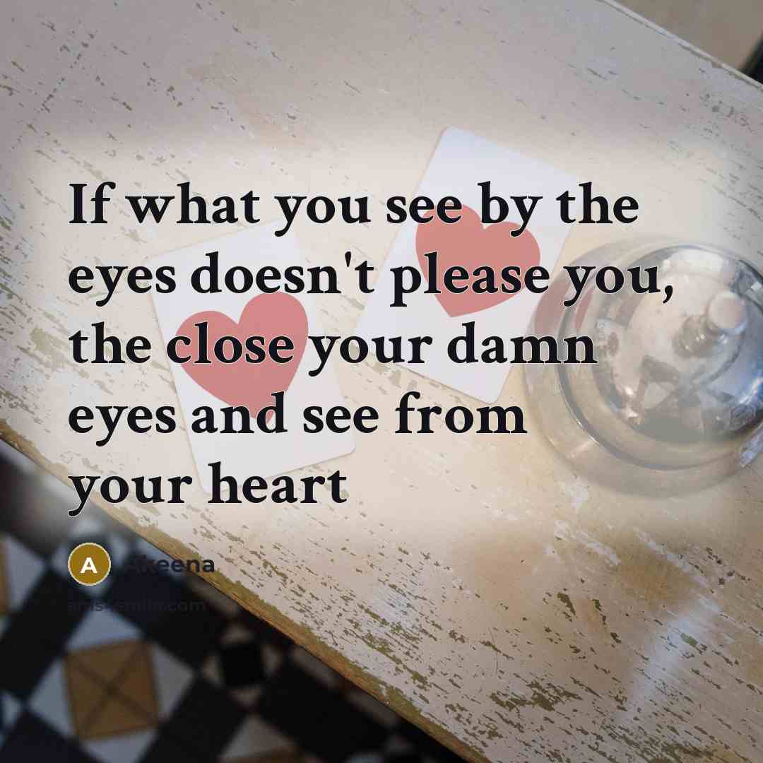 “If what you see by the eyes doesn't please you, the close your damn eyes and see from your heart” quote by Akeena