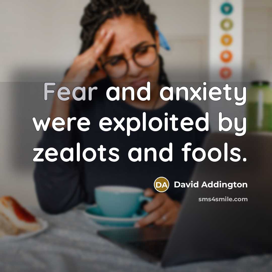 “Fear and anxiety were exploited by zealots and fools.” quote by David Addington