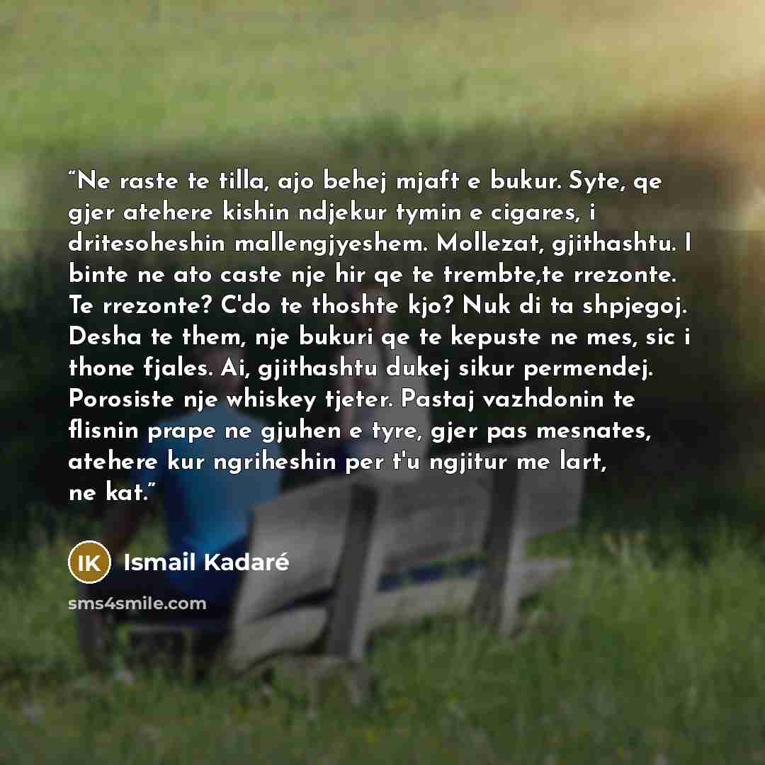 “Ne raste te tilla, ajo behej mjaft e bukur. Syte, qe gjer atehere kishin ndjekur tymin e cigares, i dritesoheshin mallengjyeshem. Mollezat, gjithashtu. I binte ne ato caste nje hir qe te trembte,te rrezonte. Te rrezonte? C'do te thoshte kjo? Nuk di ta shpjegoj. Desha te them, nje bukuri qe te…” quote by Ismail Kadaré