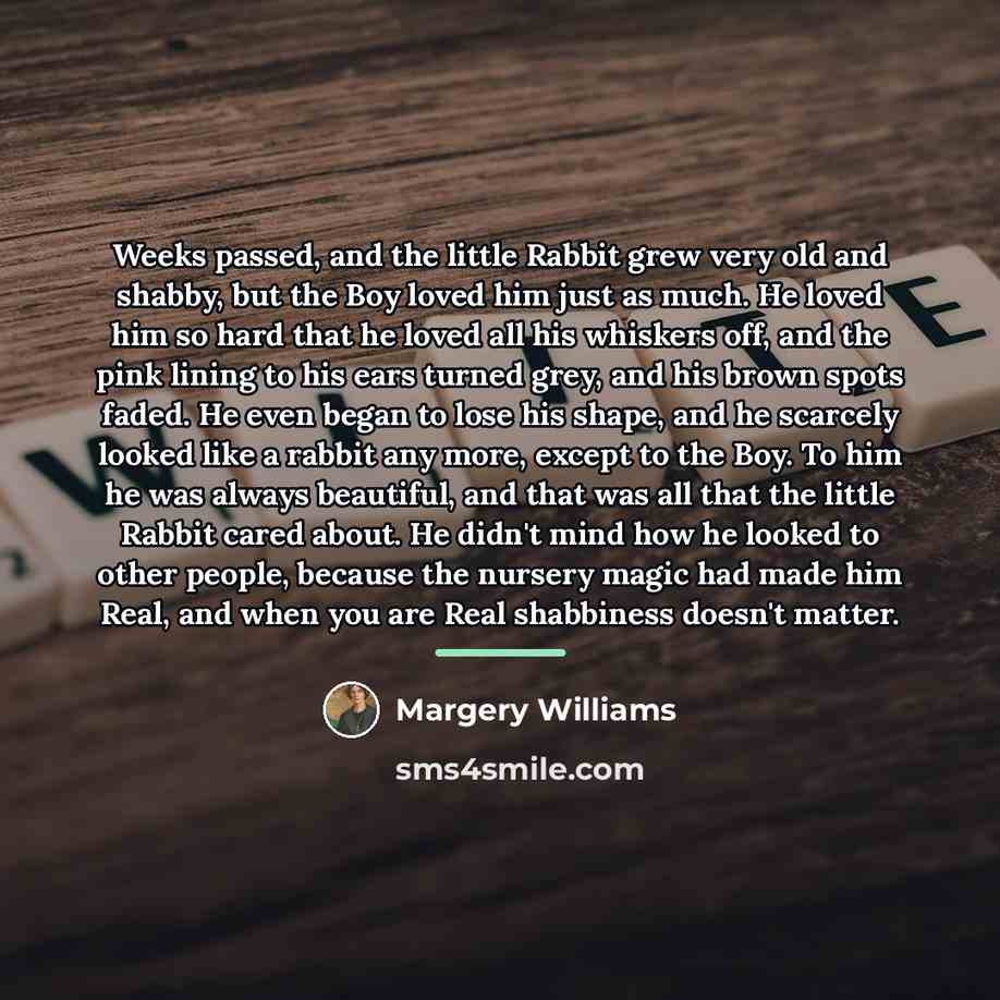 “Weeks passed, and the little Rabbit grew very old and…” quote by Margery Williams