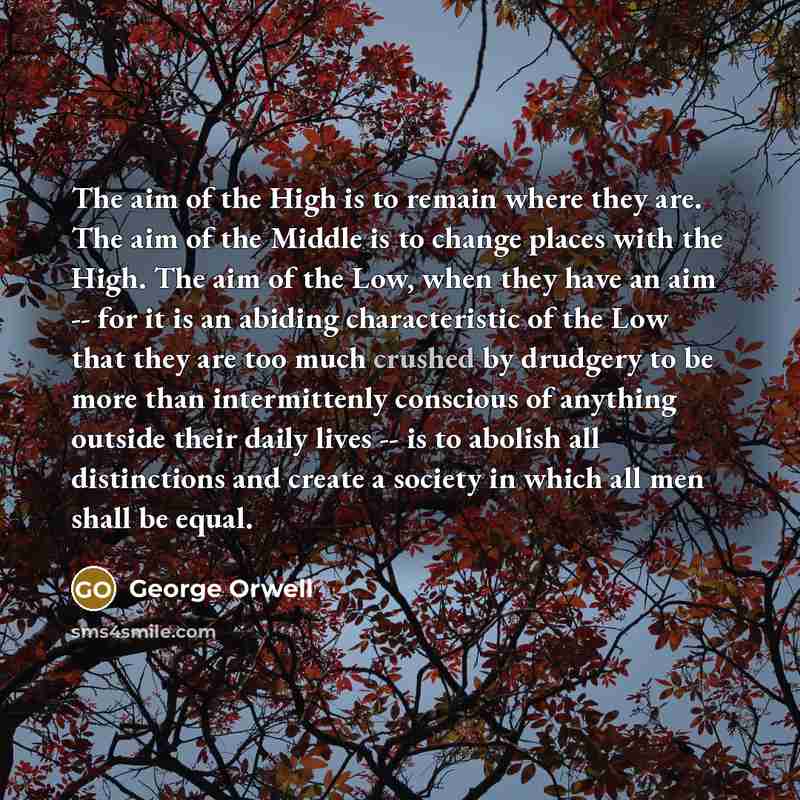 “The aim of the High is to remain where they are. The aim of the Middle is to change places with the High. The aim of the Low, when they have an aim -- for it is an abiding characteristic of the Low that they are too much crushed by drudgery to be more than intermittenly conscious of anything…” quote by George Orwell