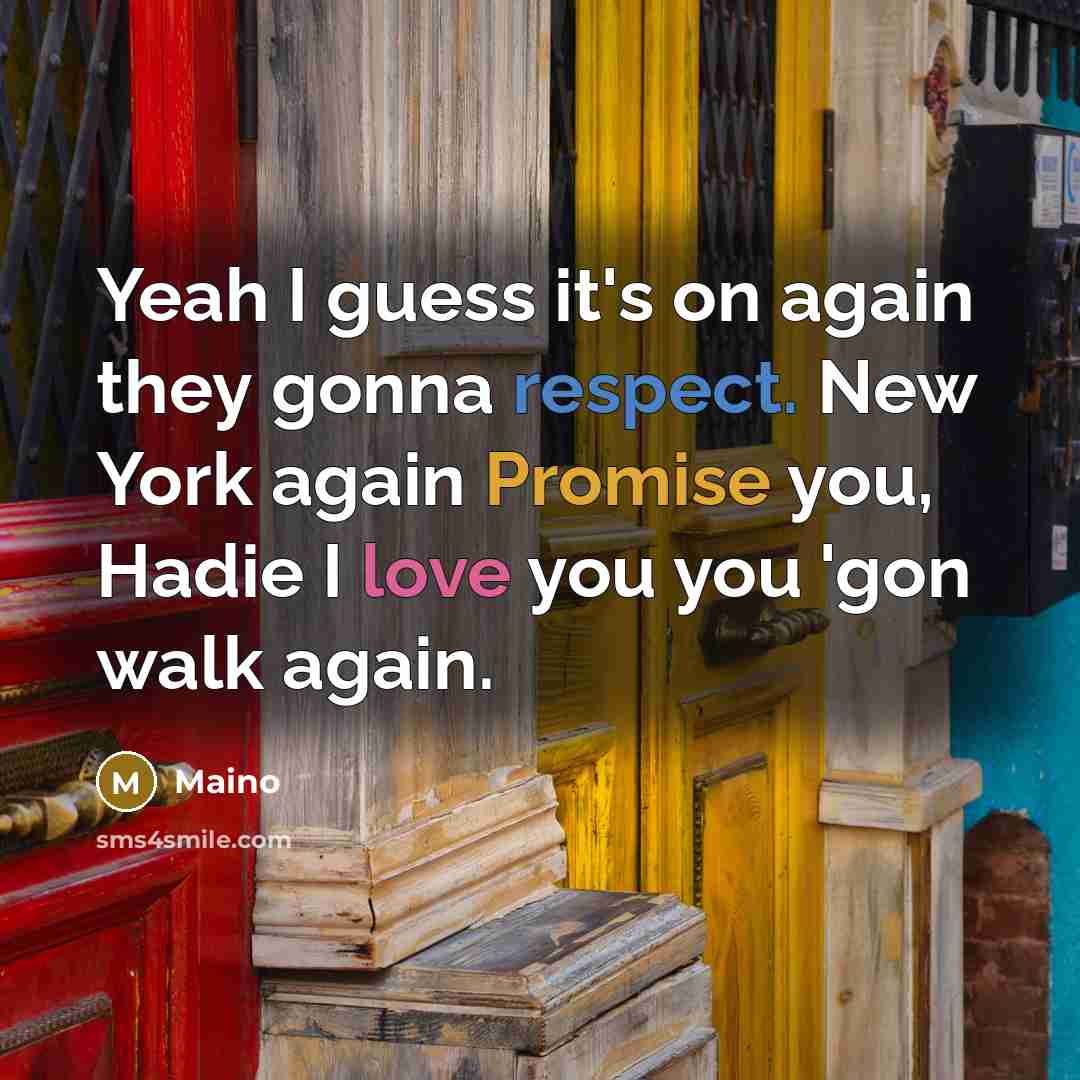 “Yeah I guess it's on again they gonna respect. New York again Promise you, Hadie I love you you 'gon walk again.” quote by Maino