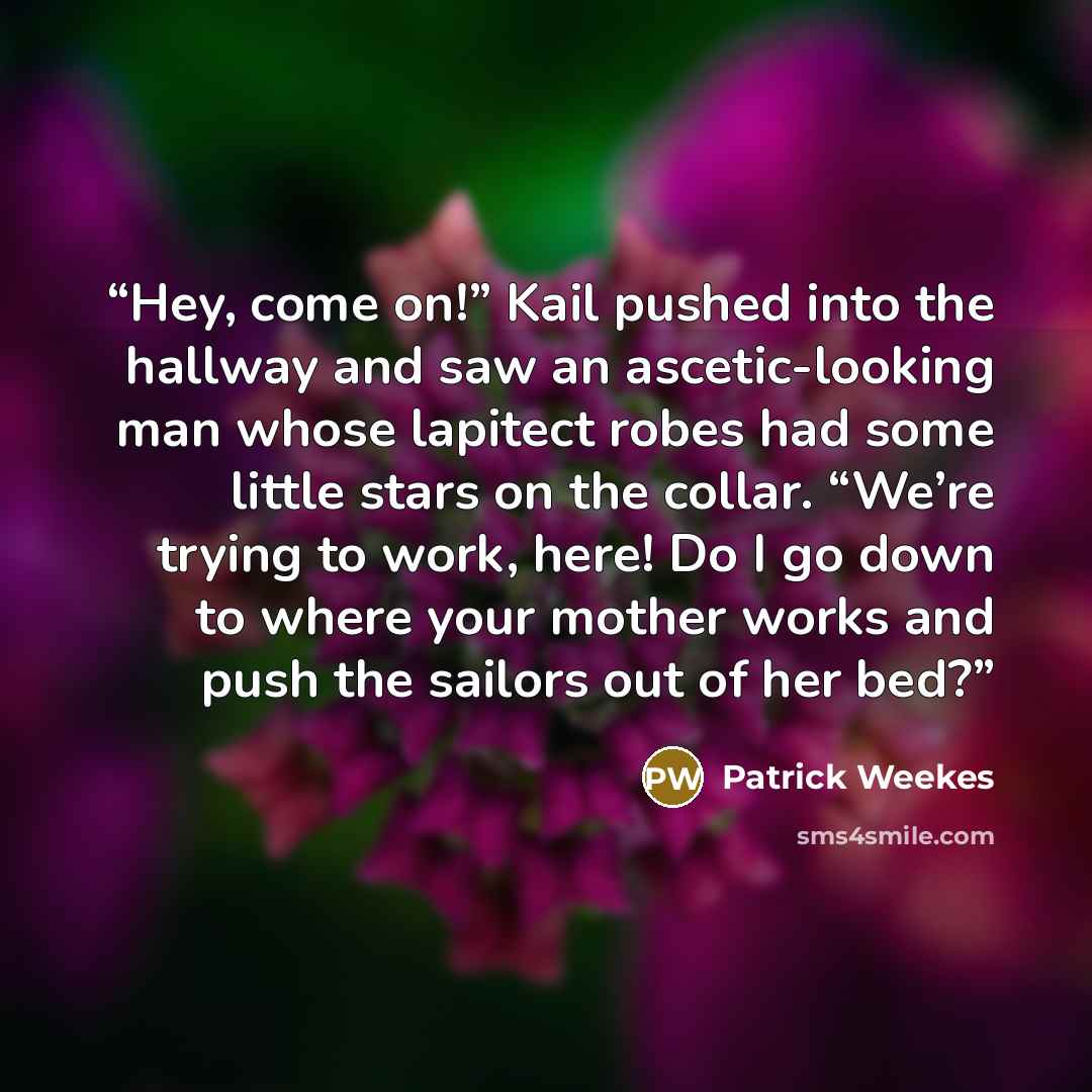 “Hey, come on!” Kail pushed into the hallway and saw an ascetic-looking man whose lapitect robes had some little stars on the collar. “We’re trying to work, here! Do I go down to where your mother works and push the sailors out of her bed?” quote by Patrick Weekes