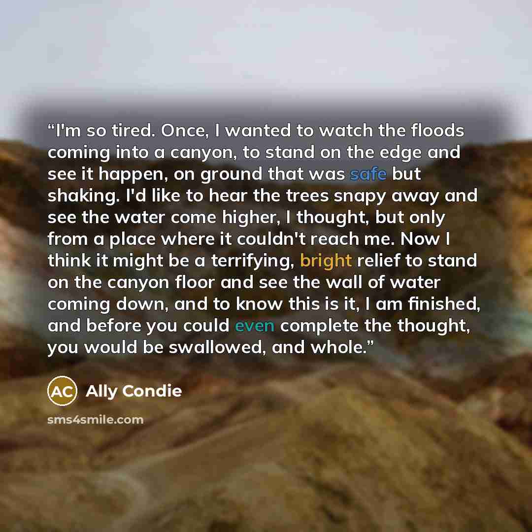 “I'm so tired. Once, I wanted to watch the floods coming into a canyon, to stand on the edge and see it happen, on ground that was safe but shaking. I'd like to hear the trees snapy away and see the water come higher, I thought, but only from a place where it couldn't reach me. Now I think it might…” quote by Ally Condie
