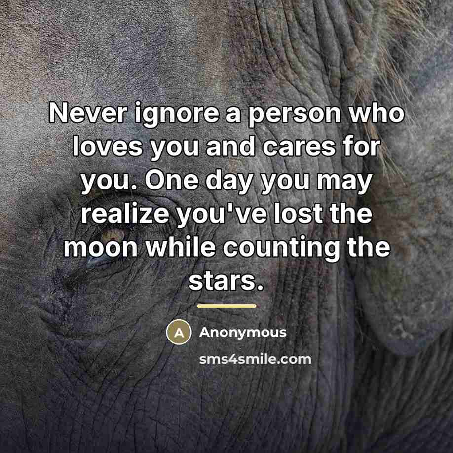 “Never ignore a person who loves you and cares for you. One day you may realize you've lost the moon while counting the stars.” quote by Anonymous