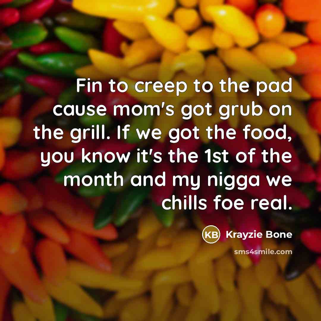 “Fin to creep to the pad cause mom's got grub…” quote by Krayzie Bone