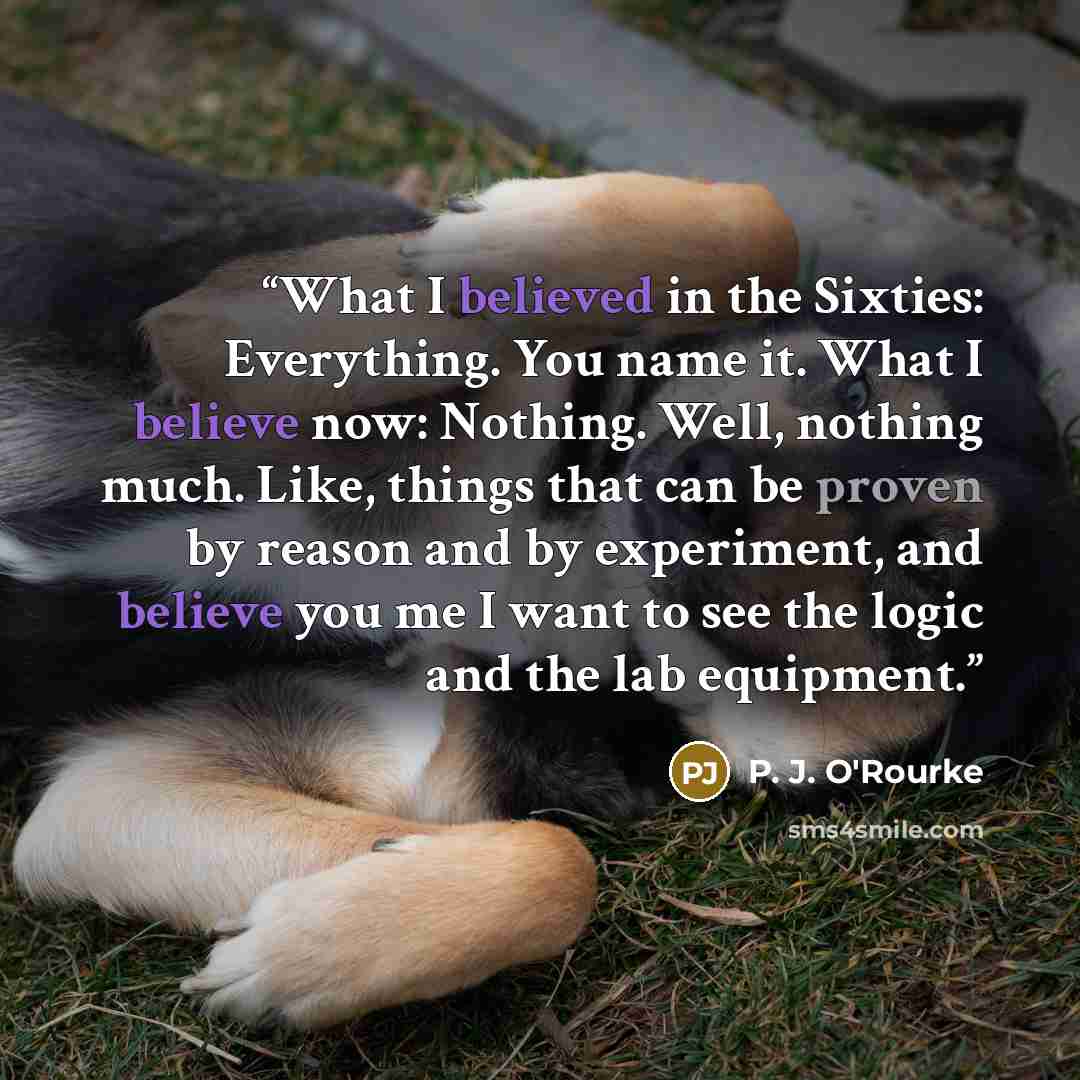 “What I believed in the Sixties: Everything. You name it. What I believe now: Nothing. Well, nothing much. Like, things that can be proven by reason and by experiment, and believe you me I want to see the logic and the lab equipment.” quote by P. J. O'Rourke