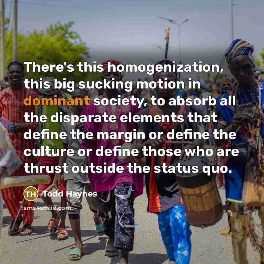“There's this homogenization, this big sucking motion in dominant society,…” quote by Todd Haynes
